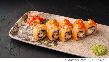 Salmon philadelphia sushi rolls with red caviar Salmon philadelphia sushi rolls with red caviar 140673743