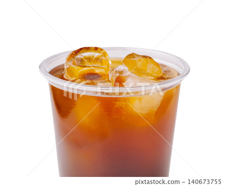Iced coffee cold plastic cup with ice cubes Iced coffee cold plastic cup with ice cubes 140673755