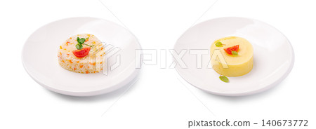 Gourmet rice and mashed potatoes on plates 140673772