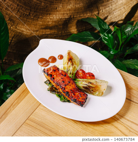 Grilled salmon fillet with bok choy and cherry tomatoes Grilled salmon fillet with bok choy and cherry tomatoes 140673784