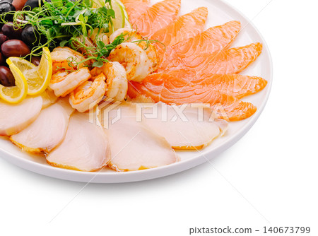 Seafood platter with salmon, shrimp, and raw white fish Seafood platter with salmon, shrimp, and raw white fish 140673799
