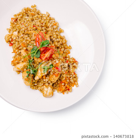 Buckwheat porridge with chicken breast and fresh tomatoes Buckwheat porridge with chicken breast and fresh tomatoes 140673818