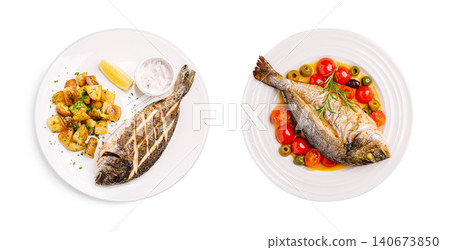 Grilled sea bream fish with diverse mediterranean side dishes Grilled sea bream fish with diverse mediterranean side dishes 140673850