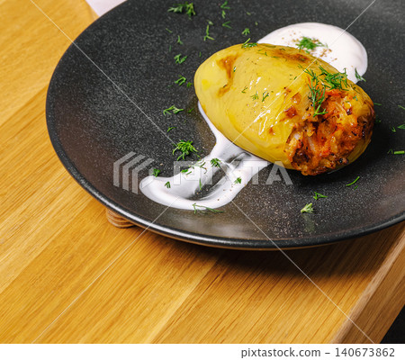 Stuffed bell pepper serving with sour cream and dill Stuffed bell pepper serving with sour cream and dill 140673862