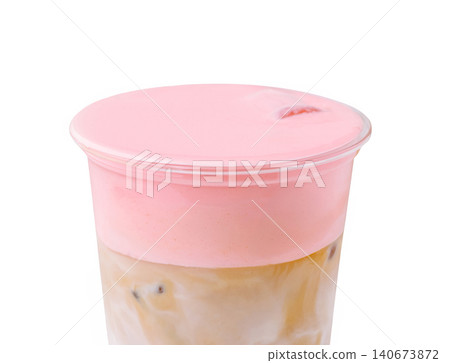 Iced coffee with pink cold foam and strawberry cream 140673872
