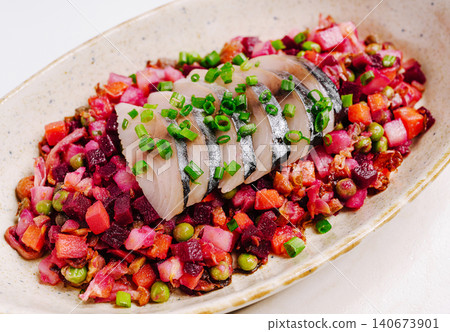Vinegret salad with herring and fresh vegetables Vinegret salad with herring and fresh vegetables 140673901