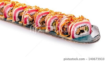 Tuna sushi rolls with spicy mayo and crispy onions Tuna sushi rolls with spicy mayo and crispy onions 140673910