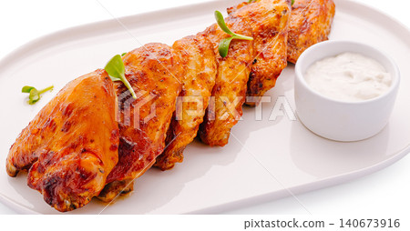 Grilled chicken wings with white dipping sauce and greens Grilled chicken wings with white dipping sauce and greens 140673916