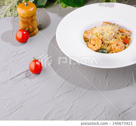 Shrimp pasta with parmesan and cherry tomatoes Shrimp pasta with parmesan and cherry tomatoes 140673921
