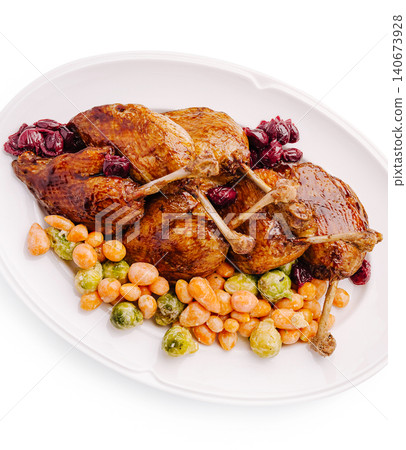 Roasted duck confit with cranberry sauce and vegetables Roasted duck confit with cranberry sauce and vegetables 140673928