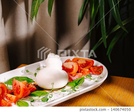 Fresh burrata cheese with tomatoes and basil salad Fresh burrata cheese with tomatoes and basil salad 140674050