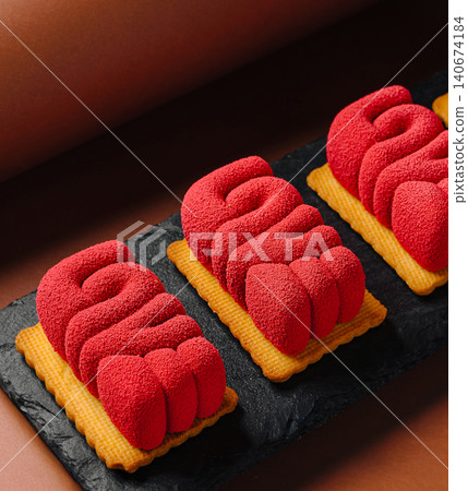 Red velvet mousse desserts on rectangular biscuit bases Red velvet mousse desserts on rectangular biscuit bases 140674184