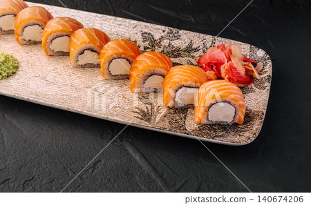 Philadelphia sushi rolls with salmon and cream cheese Philadelphia sushi rolls with salmon and cream cheese 140674206