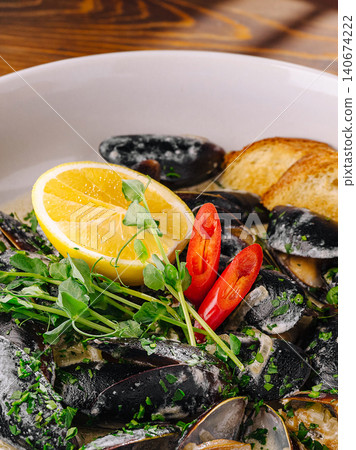 Gourmet mussels seafood dish serving with lemon chili Gourmet mussels seafood dish serving with lemon chili 140674222