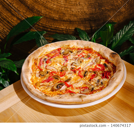 Pizza with mushrooms and red peppers on wooden table Pizza with mushrooms and red peppers on wooden table 140674317