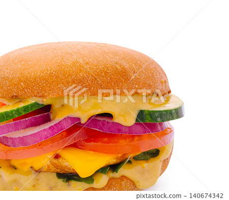 Gourmet burger with melted cheese and fresh vegetables Gourmet burger with melted cheese and fresh vegetables 140674342