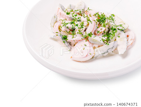 Fresh tomato cucumber salad with white sauce Fresh tomato cucumber salad with white sauce 140674371