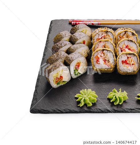 Fresh sushi roll set creating a japanese food experience Fresh sushi roll set creating a japanese food experience 140674417