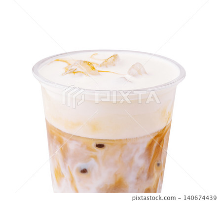 Iced coffee with cheese foam and caramel drizzle Iced coffee with cheese foam and caramel drizzle 140674439