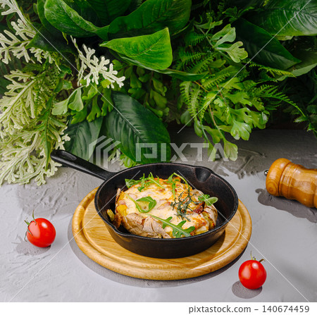 Frittata in cast iron skillet with cherry tomatoes and greens 140674459