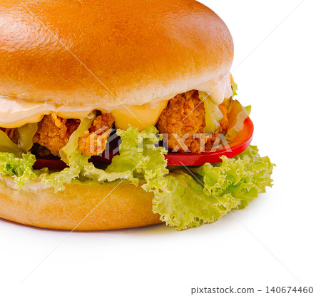 Crispy chicken burger with fresh vegetables and cheese 140674460