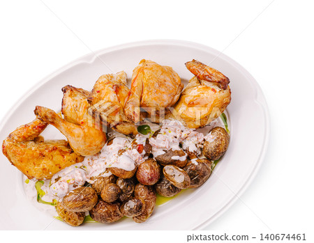 Roasted chicken pieces with baked potatoes and sauce Roasted chicken pieces with baked potatoes and sauce 140674461