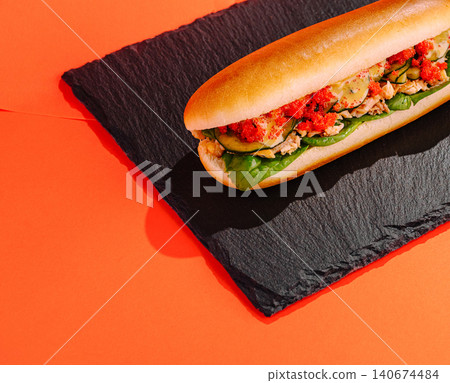 Gourmet sandwich with salmon, tobiko, and fresh vegetables Gourmet sandwich with salmon, tobiko, and fresh vegetables 140674484