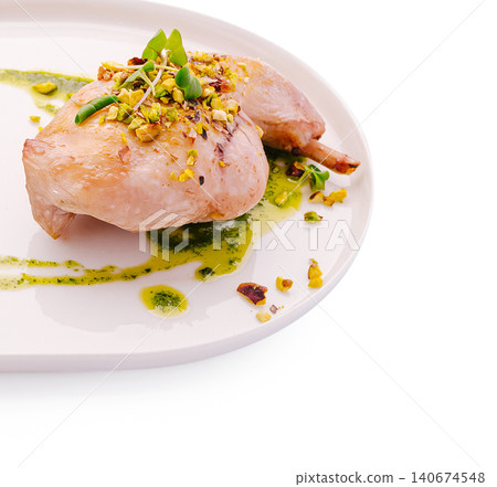 Roasted poultry leg with pistachio pesto plating Roasted poultry leg with pistachio pesto plating 140674548