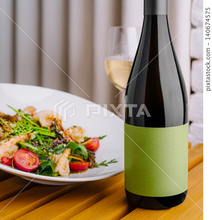 White wine bottle with blank label pairing shrimp salad White wine bottle with blank label pairing shrimp salad 140674575