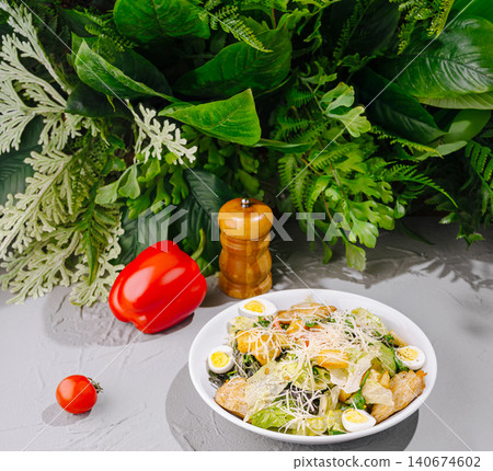 Caesar salad with chicken and quail eggs Caesar salad with chicken and quail eggs 140674602
