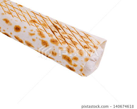 Shawarma wrap showcasing grilled tortilla on white Shawarma wrap showcasing grilled tortilla on white 140674618