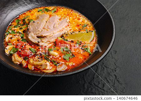 Creamy tom yum soup with duck, lime, and mushrooms Creamy tom yum soup with duck, lime, and mushrooms 140674646