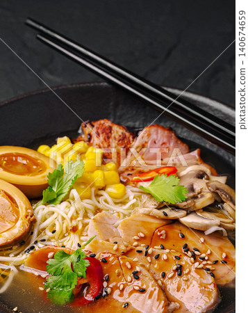 Authentic ramen soup with pork, egg, mushrooms, and corn Authentic ramen soup with pork, egg, mushrooms, and corn 140674659