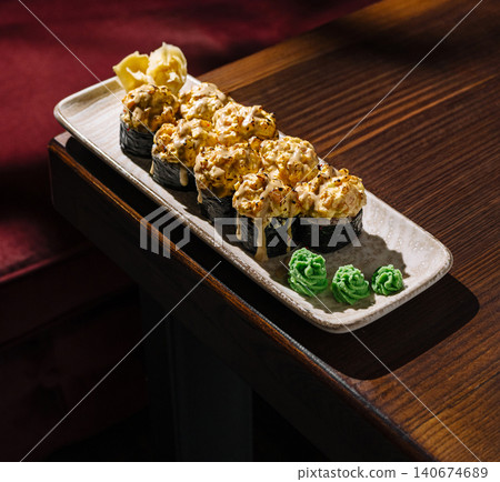 Baked sushi rolls with spicy mayo, wasabi, and ginger Baked sushi rolls with spicy mayo, wasabi, and ginger 140674689