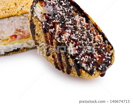 Fried sushi hamburger with salmon, avocado, and sesame topping Fried sushi hamburger with salmon, avocado, and sesame topping 140674715