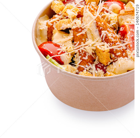 Caesar salad in takeaway bowl with chicken, croutons, parmesan Caesar salad in takeaway bowl with chicken, croutons, parmesan 140674719
