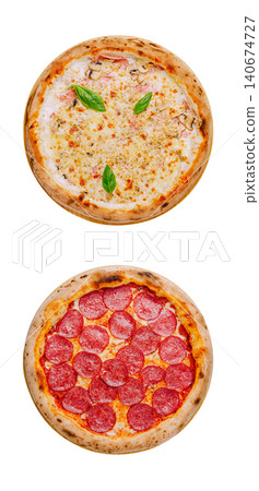Two whole italian pizzas with pepperoni and basil Two whole italian pizzas with pepperoni and basil 140674727