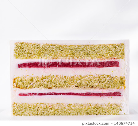 Pistachio layer cake with raspberry filling cross section 140674734