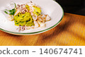 Green tagliatelle pasta with seafood and baby squid 140674741