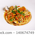 Pasta with clams and red savory sauce 140674749