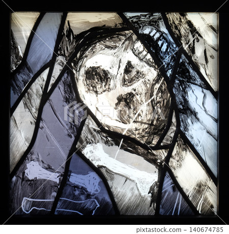 History of salvation - detail, stained glass window by Sieger Koder in church of Saint Bartholomew in Leutershausen, Germany 140674785