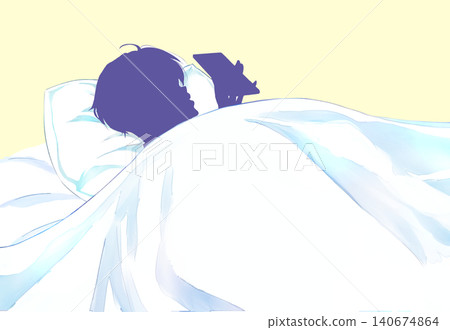 A man in bed looking at his smartphone; landscape orientation, silhouette. A man in bed looking at his smartphone; landscape orientation, silhouette. 140674864