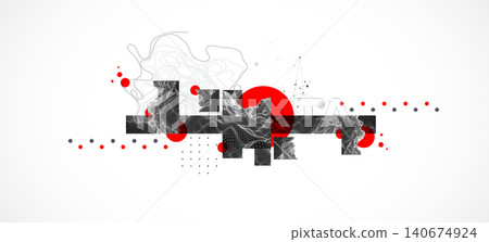 Abstract wireframe graphic background with red circles black geometric shapes and wave lines. Vector Abstract wireframe graphic background with red circles black geometric shapes and wave lines. Vector 140674924