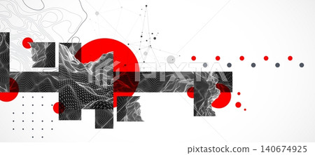 Abstract wireframe graphic background with red circles black geometric shapes and wave lines. Vector Abstract wireframe graphic background with red circles black geometric shapes and wave lines. Vector 140674925