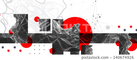 Abstract wireframe graphic background with red circles black geometric shapes and wave lines. Vector Abstract wireframe graphic background with red circles black geometric shapes and wave lines. Vector 140674926