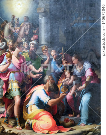 Nativity Scene, Adoration of the Magi altarpiece by Girolamo Macchietti in the Basilica di San Lorenzo in Florence, Italy Nativity Scene, Adoration of the Magi altarpiece by Girolamo Macchietti in the Basilica di San Lorenzo in Florence, Italy 140675046