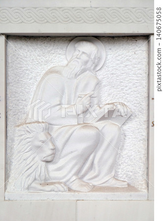 Saint Mark the Evangelist, detail of tomb reliefs at Mirogoj cemetery in Zagreb, Croatia Saint Mark the Evangelist, detail of tomb reliefs at Mirogoj cemetery in Zagreb, Croatia 140675058