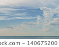 view of a calm sea on a hot afternoon, cumulus clouds in the sky, a poster concept for a seaside vacation advertisement, copy space for text 140675200