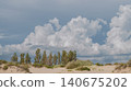 poster with a beautiful view of cumulus clouds over poplar trees and sandy coastal dunes, a copy space for advertising outdoor recreation 140675202
