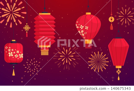 Chinese lantern background. Festival or holidays asian style banner. Traditional paper lamps, fireworks, lucky symbols. Oriental sapid vector design Chinese lantern background. Festival or holidays asian style banner. Traditional paper lamps, fireworks, lucky symbols. Oriental sapid vector design 140675343